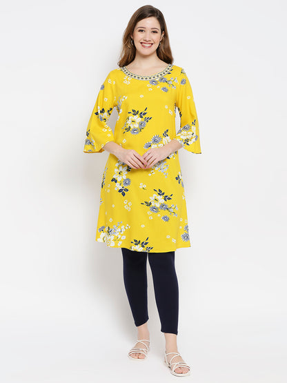 Women Yellow Viscose Embroidered Kurta