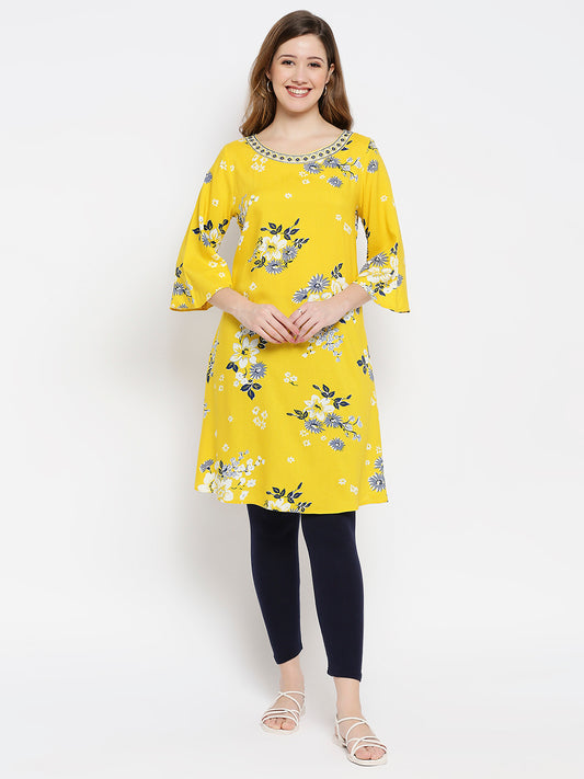 Women Yellow Viscose Embroidered Kurta