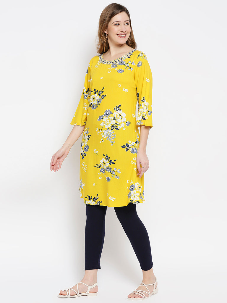 Women Yellow Viscose Embroidered Kurta
