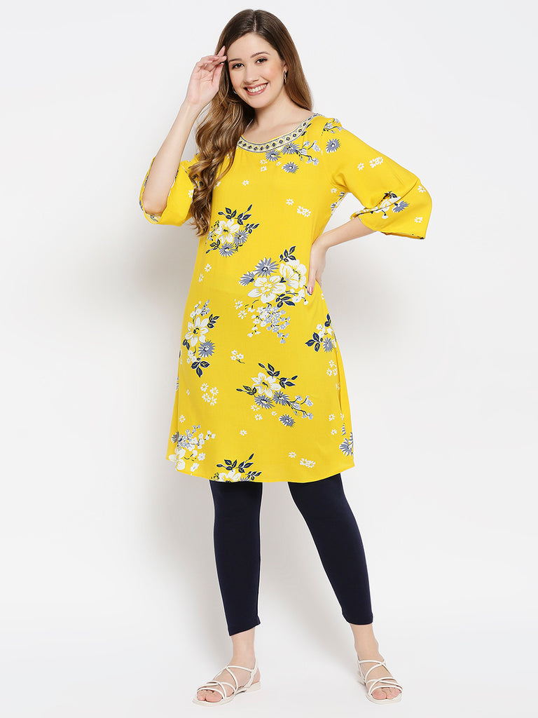 Women Yellow Viscose Embroidered Kurta