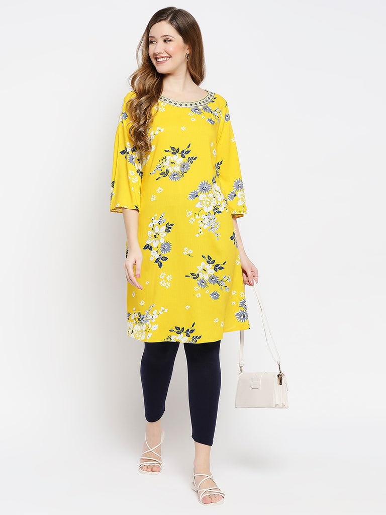Women Yellow Viscose Embroidered Kurta