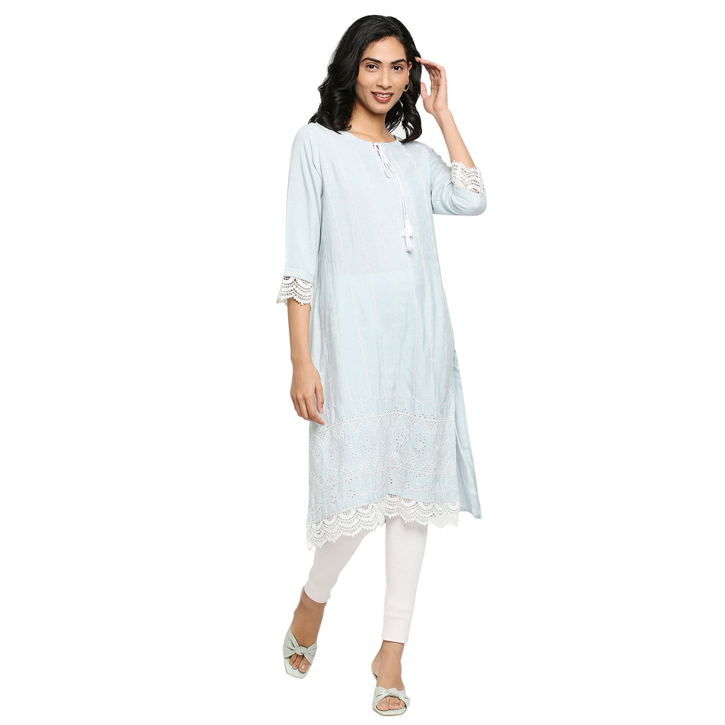 Women's Light Blue Rayon Flax Embroidered Kurta