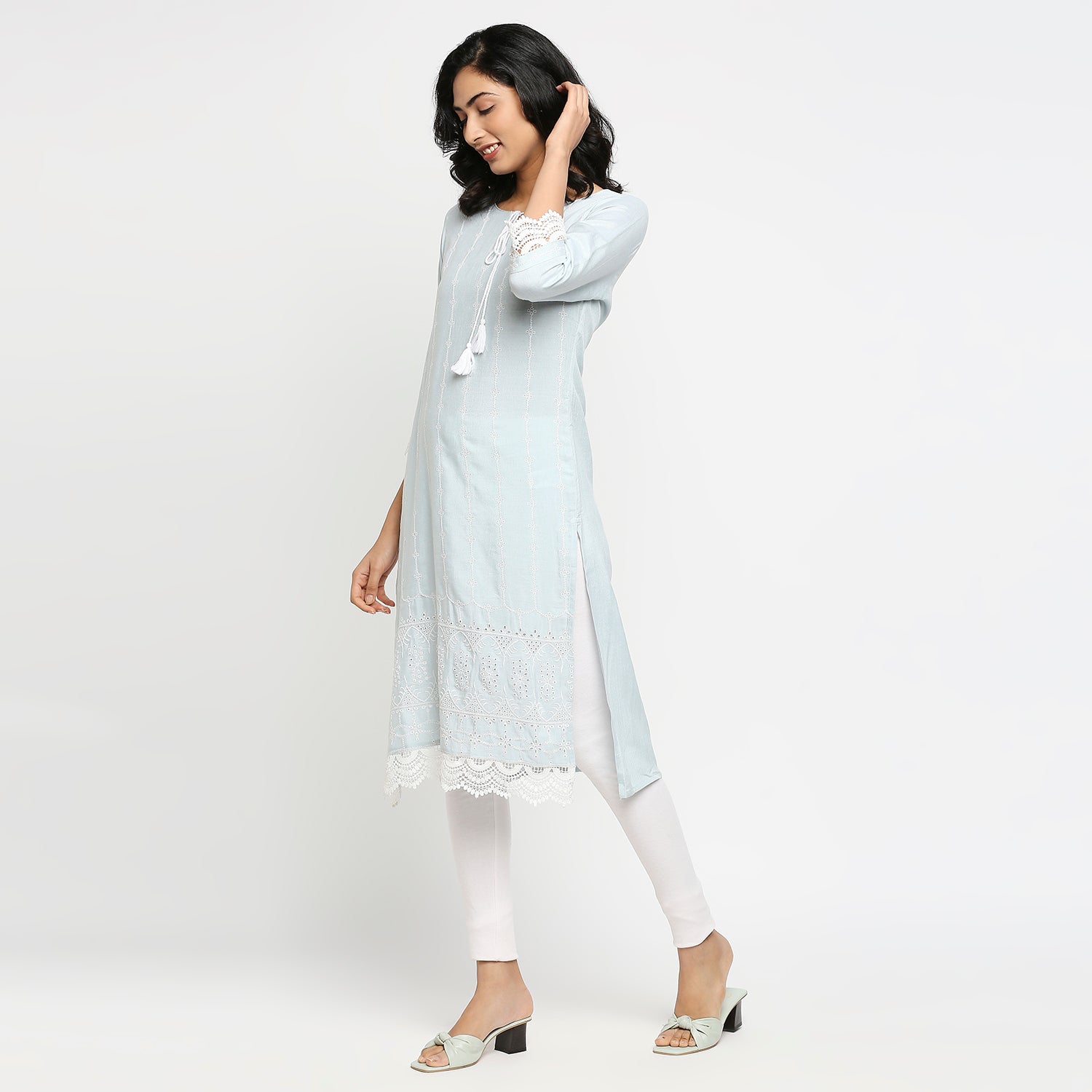 Women's Light Blue Rayon Flax Embroidered Kurta