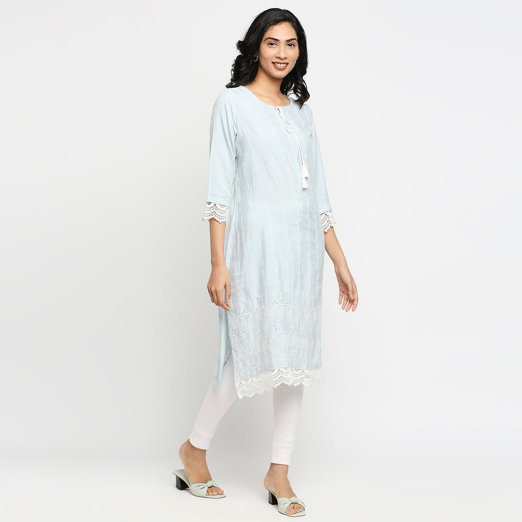 Women's Light Blue Rayon Flax Embroidered Kurta