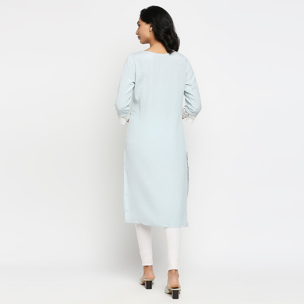 Women's Light Blue Rayon Flax Embroidered Kurta