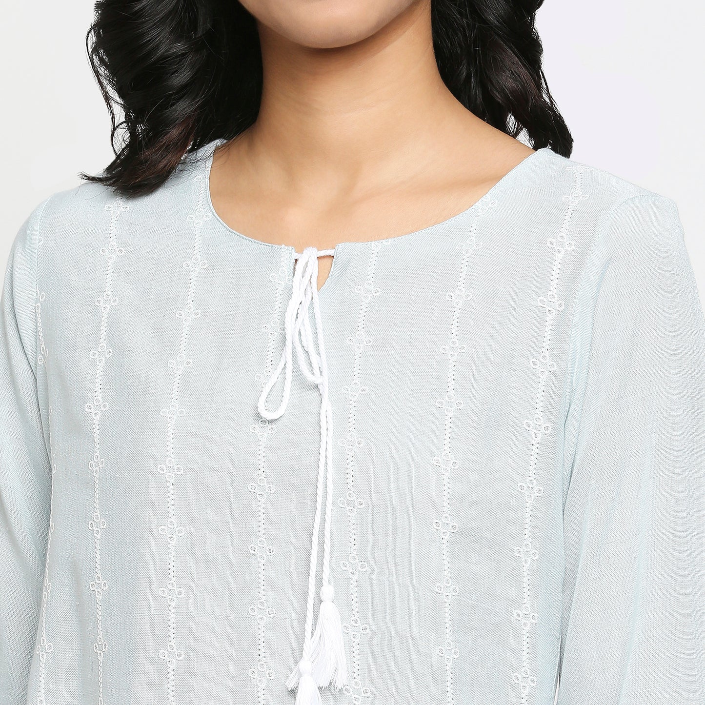 Women's Light Blue Rayon Flax Embroidered Kurta