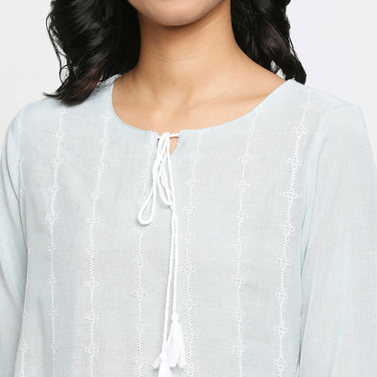 Women's Light Blue Rayon Flax Embroidered Kurta