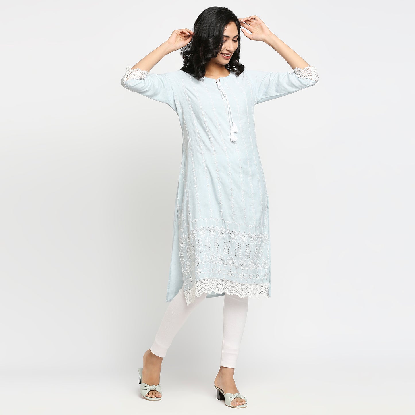 Women's Light Blue Rayon Flax Embroidered Kurta