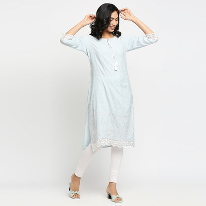 Women's Light Blue Rayon Flax Embroidered Kurta