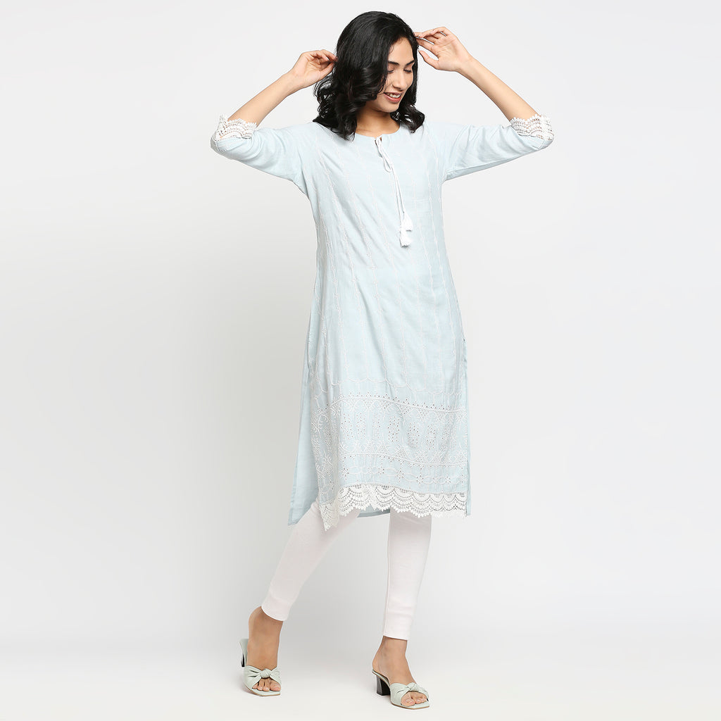 Women's Light Blue Rayon Flax Embroidered Kurta