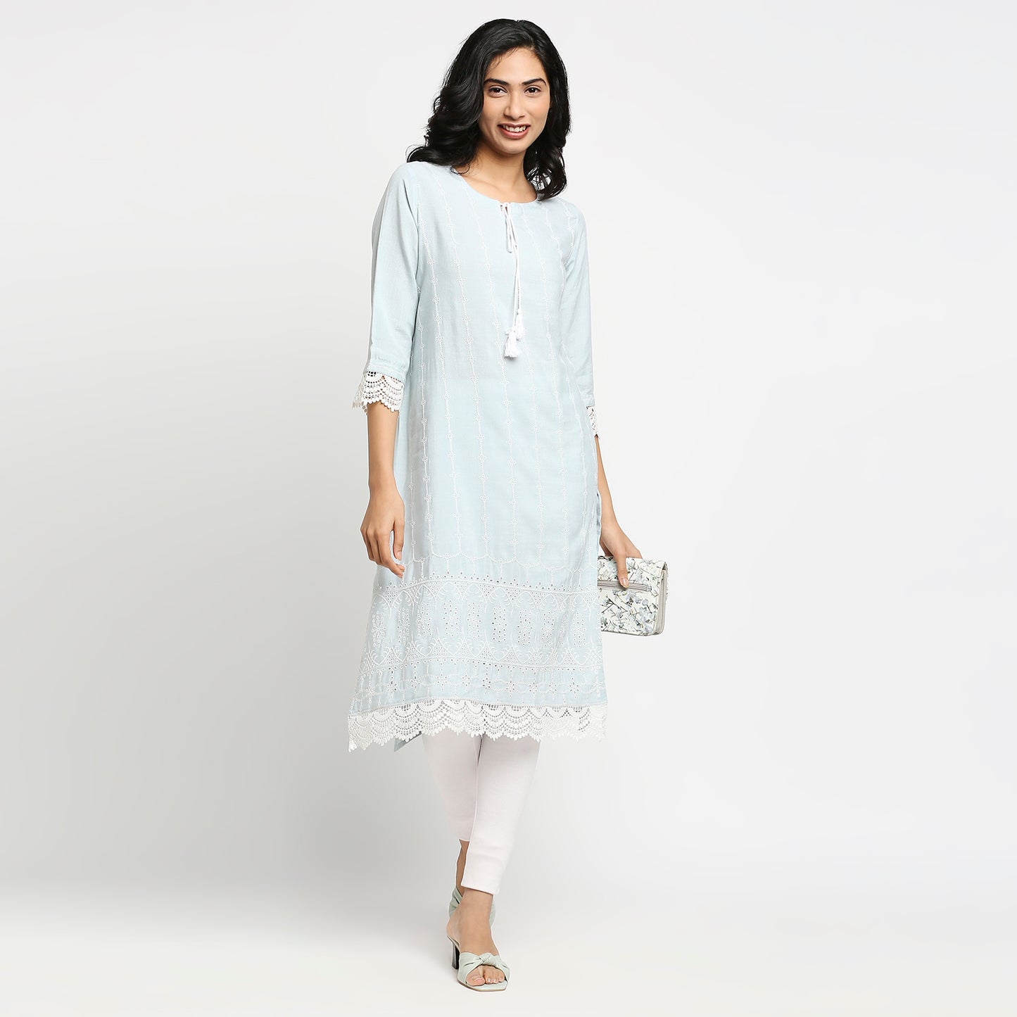Women's Light Blue Rayon Flax Embroidered Kurta