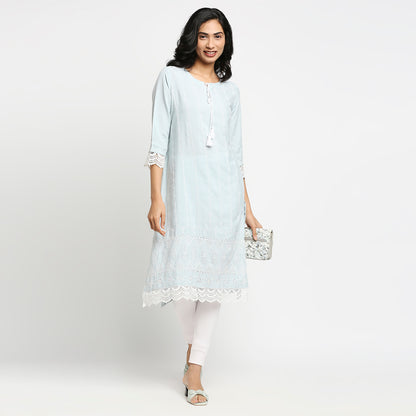 Women's Light Blue Rayon Flax Embroidered Kurta