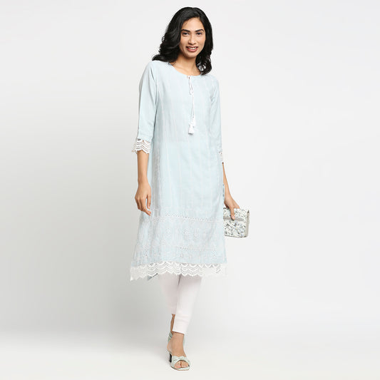 Women's Light Blue Rayon Flax Embroidered Kurta