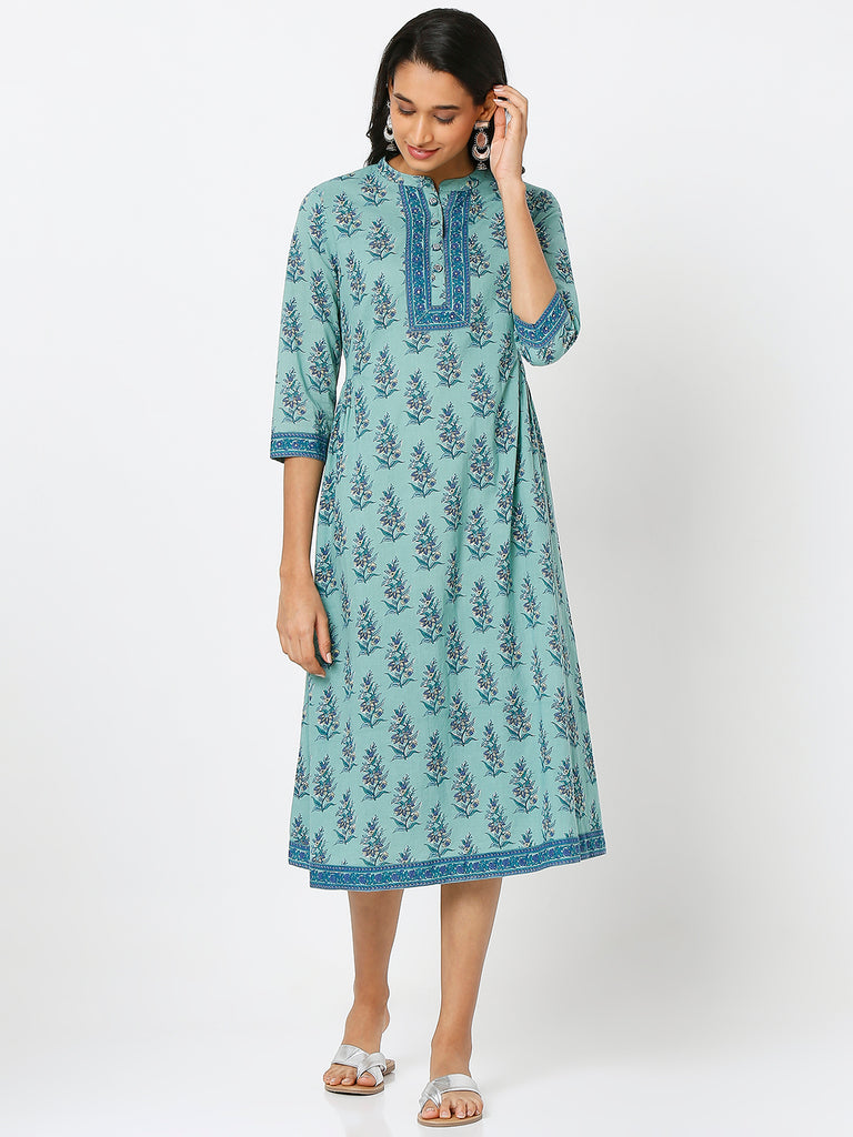 Women's Teal Cotton Printed Dress