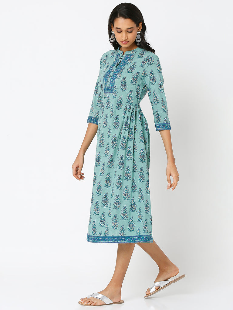 Women's Teal Cotton Printed Dress