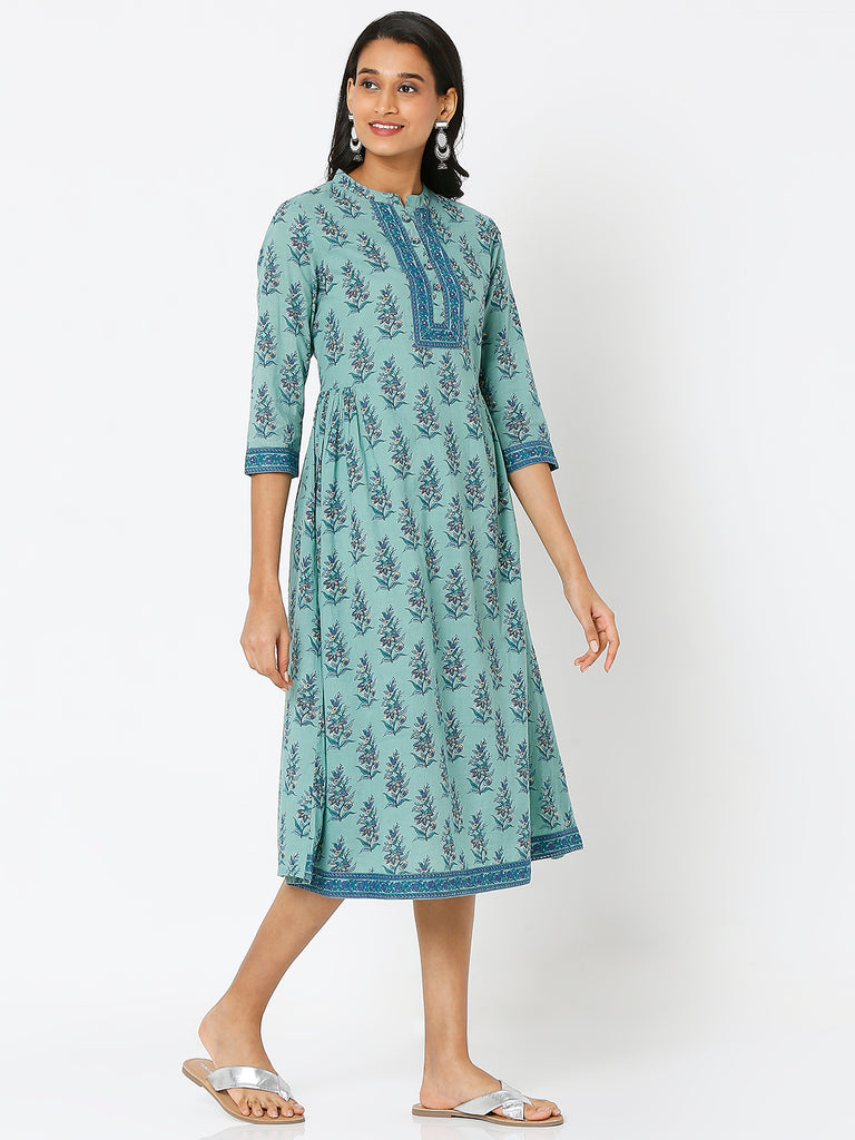 Women's Teal Cotton Printed Dress