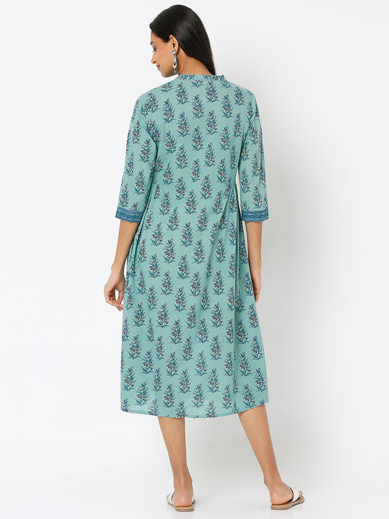 Women's Teal Cotton Printed Dress