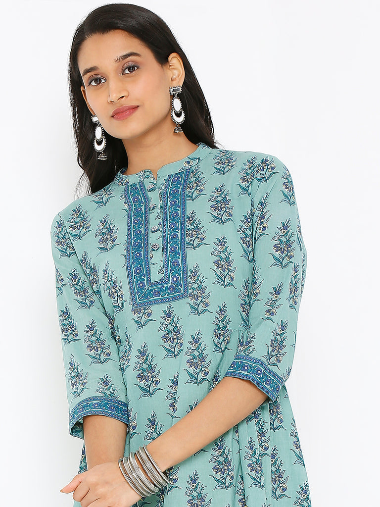 Women's Teal Cotton Printed Dress