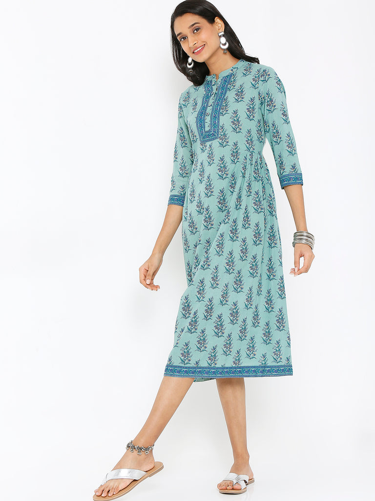 Women's Teal Cotton Printed Dress