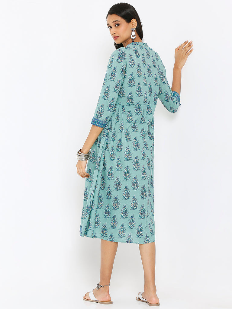 Women's Teal Cotton Printed Dress