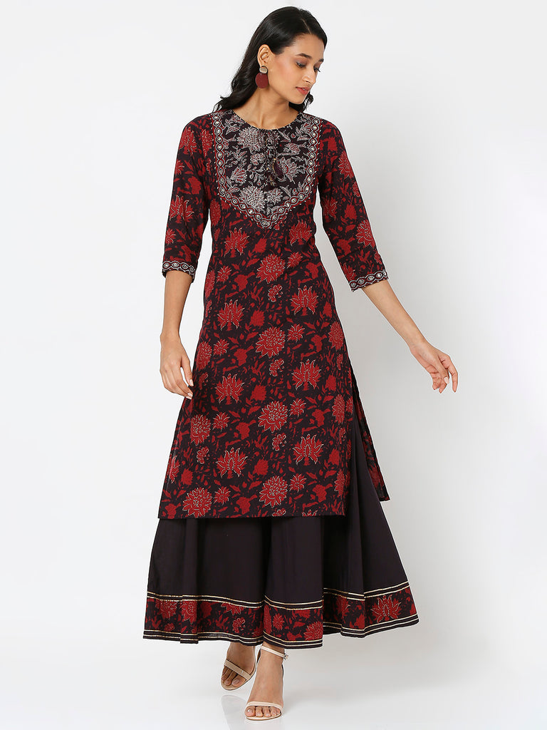 Women's Black Cotton Printed Kurta & Palazzo Sets