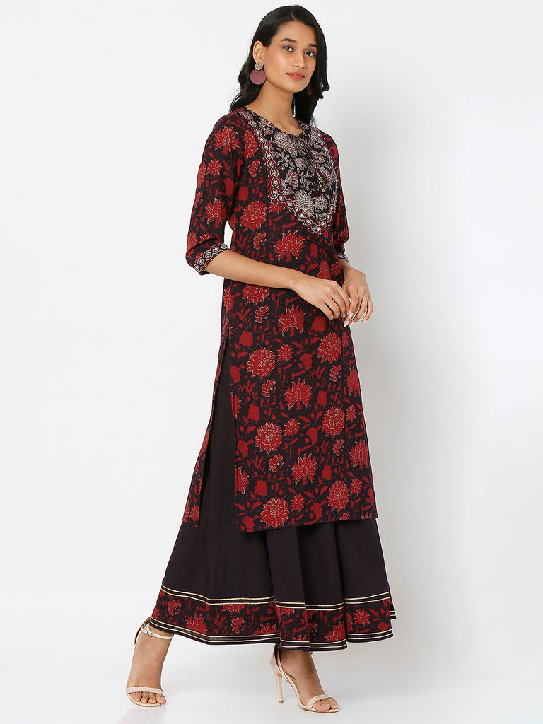 Women's Black Cotton Printed Kurta & Palazzo Sets