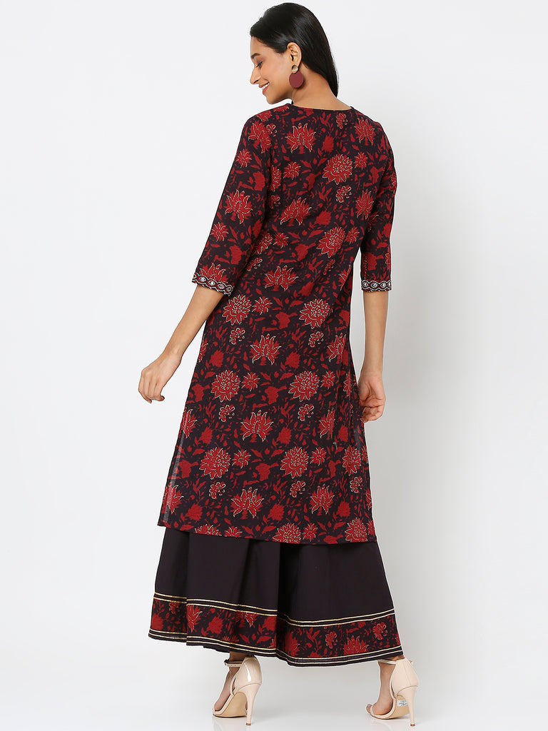 Women's Black Cotton Printed Kurta & Palazzo Sets