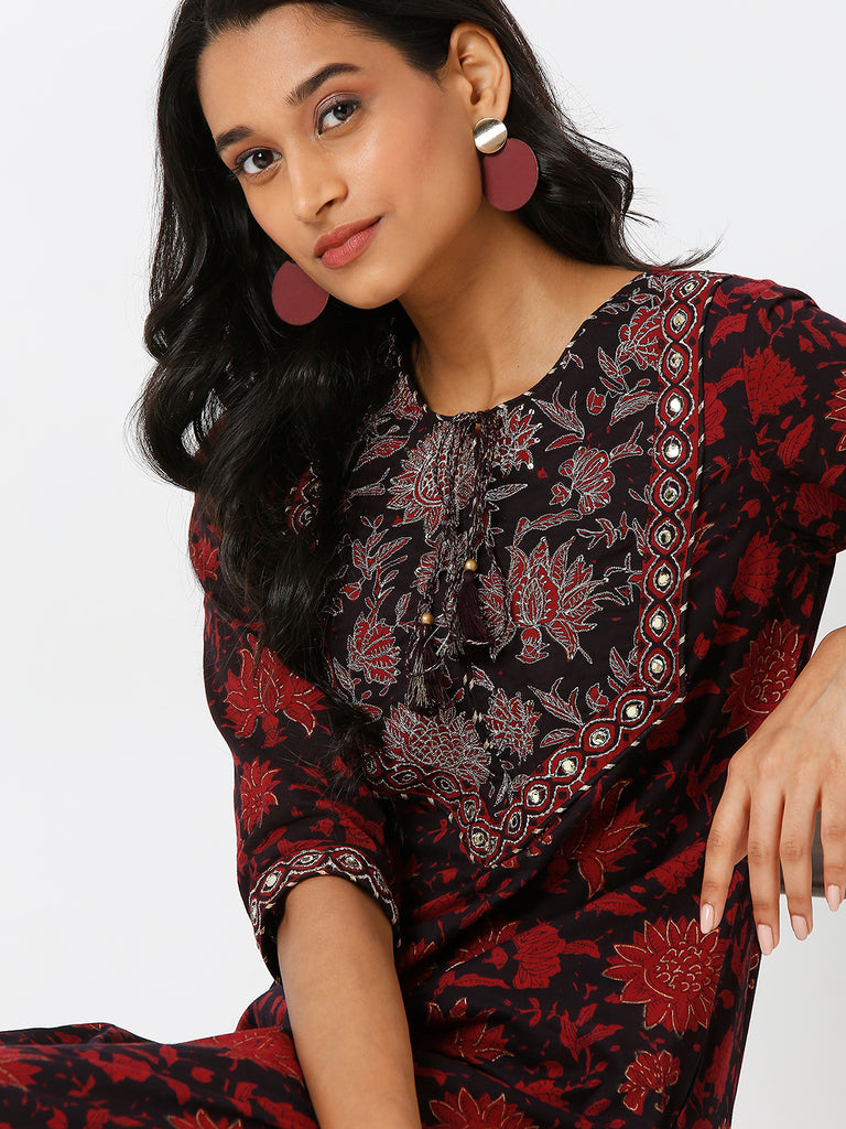 Women's Black Cotton Printed Kurta & Palazzo Sets