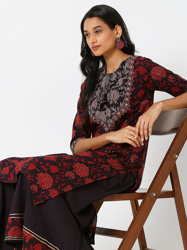 Women's Black Cotton Printed Kurta & Palazzo Sets