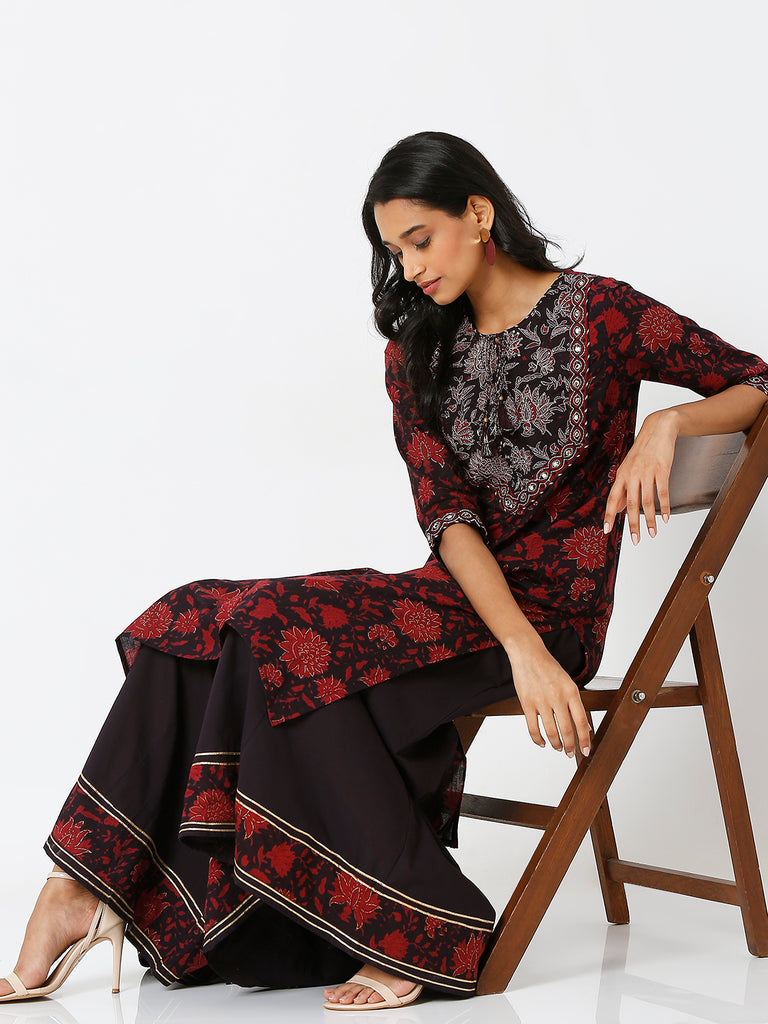 Women's Black Cotton Printed Kurta & Palazzo Sets