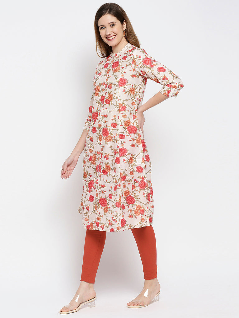 Women Orange Poly Pst Printed Kurta