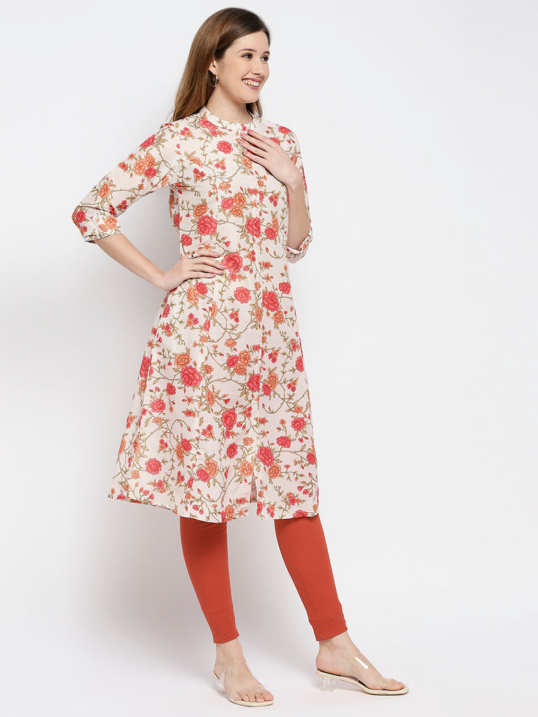 Women Orange Poly Pst Printed Kurta