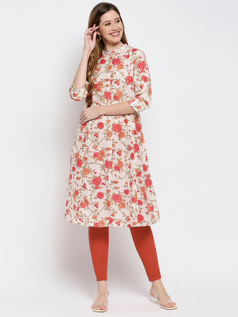 Women Orange Poly Pst Printed Kurta