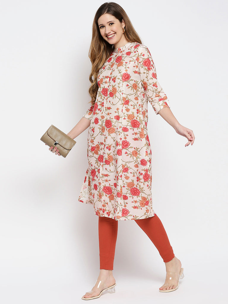 Women Orange Poly Pst Printed Kurta