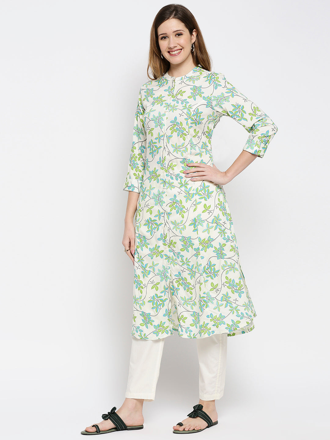 Women Green Rayon Printed Kurta