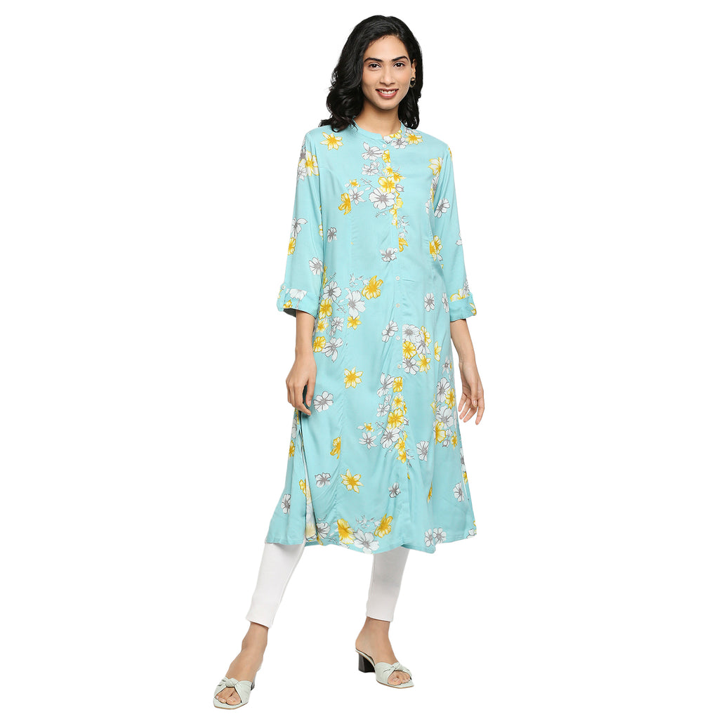 Women's Sky Blue Rayon Floral Kurta