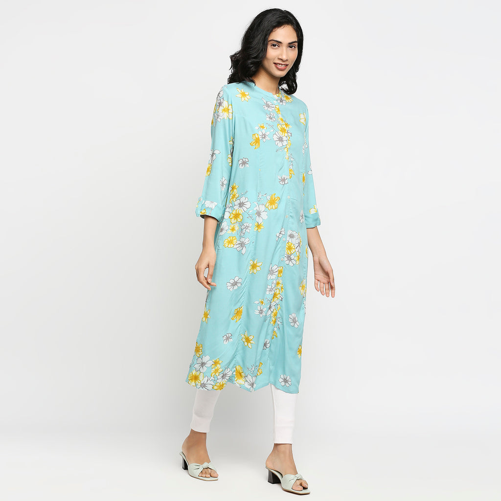 Women's Sky Blue Rayon Floral Kurta