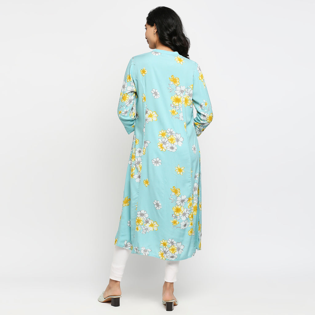 Women's Sky Blue Rayon Floral Kurta