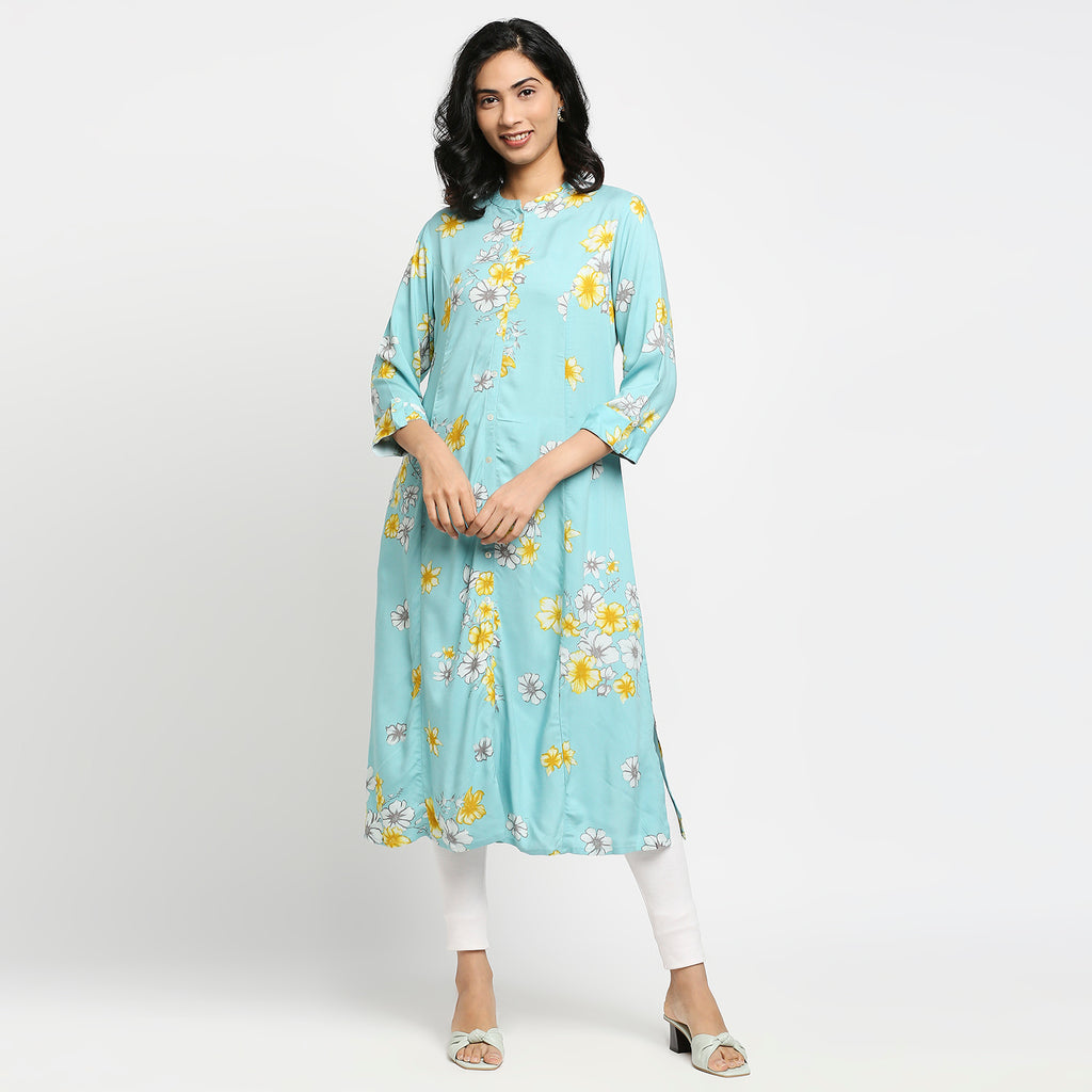 Women's Sky Blue Rayon Floral Kurta