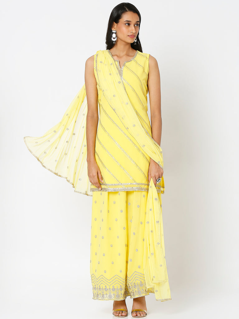 Women's Yellow Poly Georgette Embroidered Kurta & Palazzo Sets