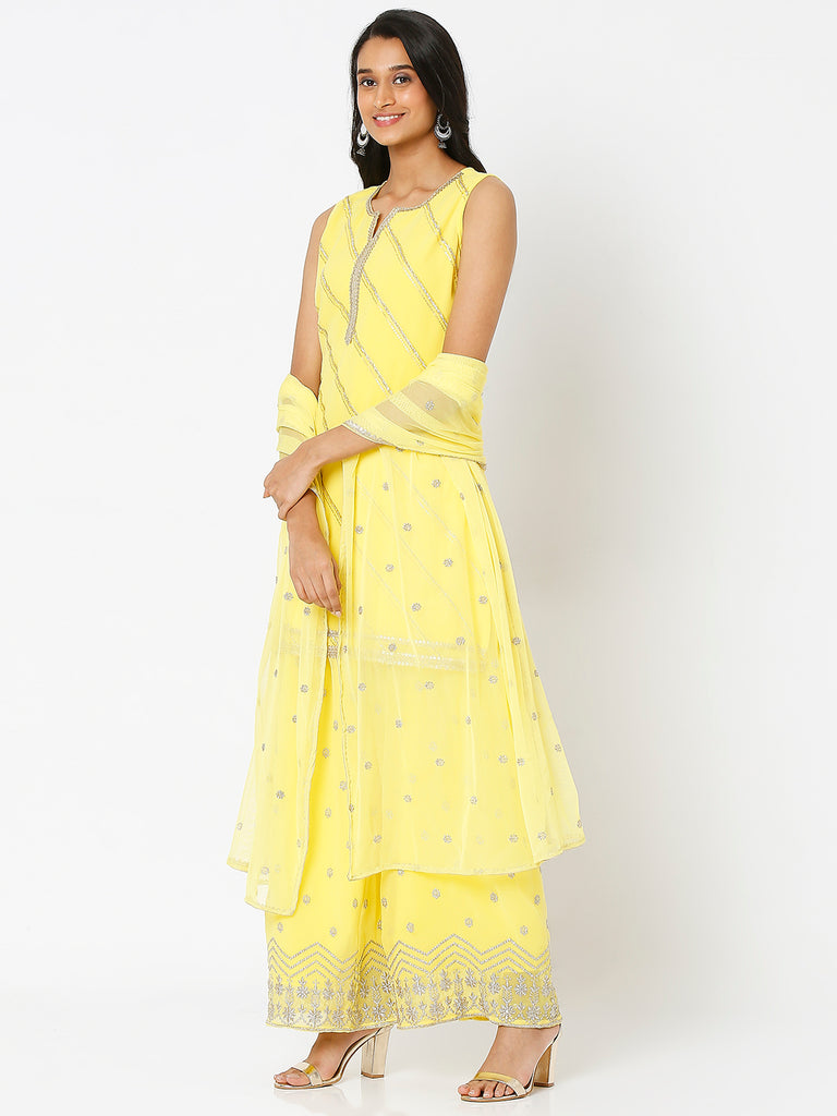Women's Yellow Poly Georgette Embroidered Kurta & Palazzo Sets
