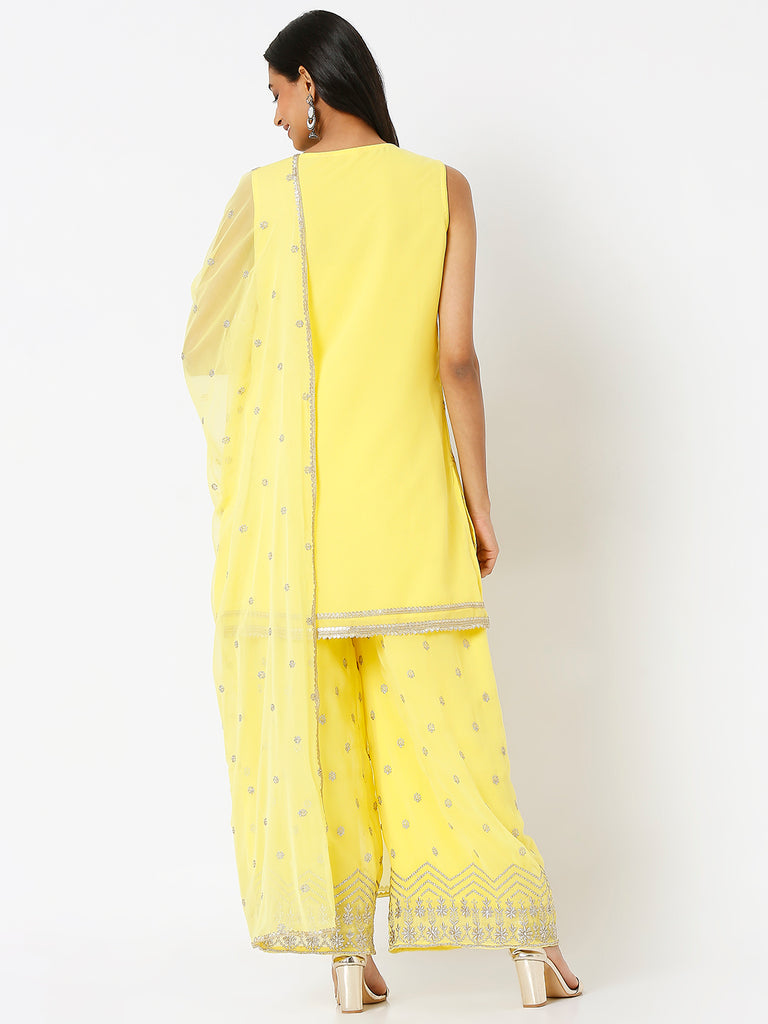 Women's Yellow Poly Georgette Embroidered Kurta & Palazzo Sets