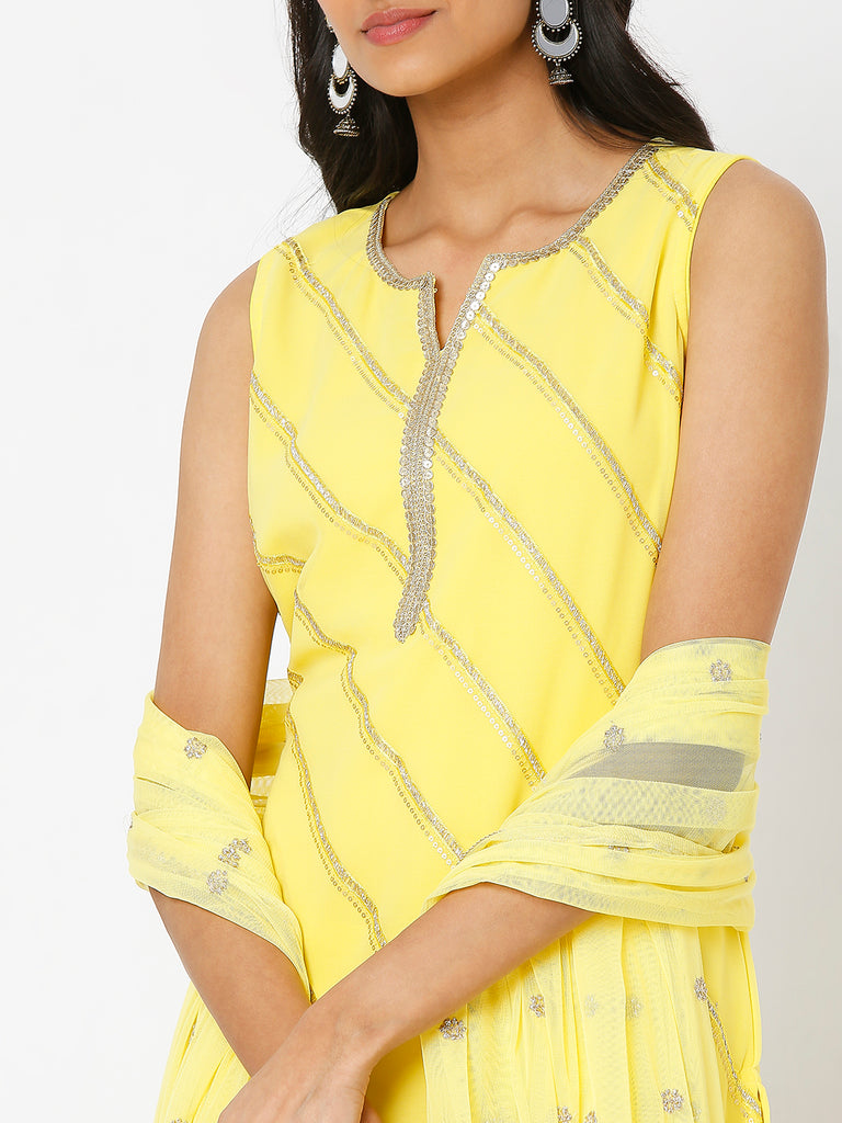 Women's Yellow Poly Georgette Embroidered Kurta & Palazzo Sets
