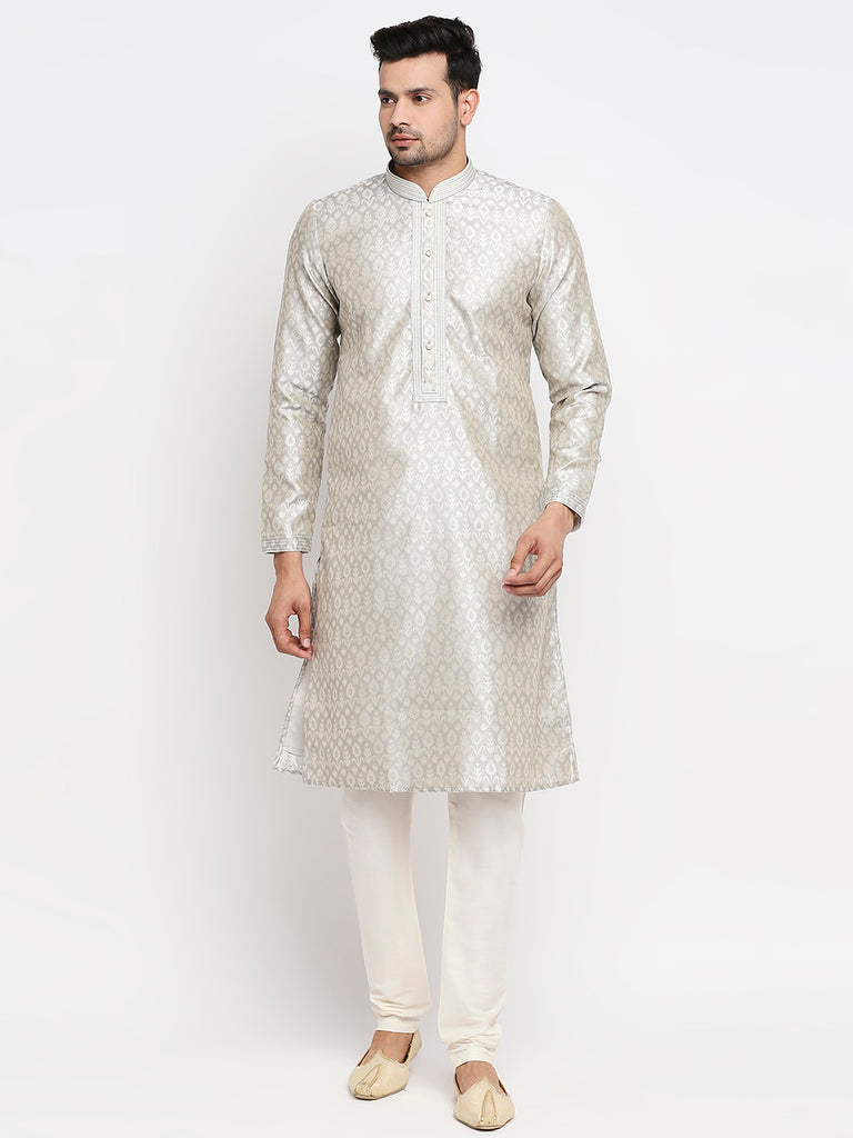 Men's Grey Polyester Embroidered Kurta