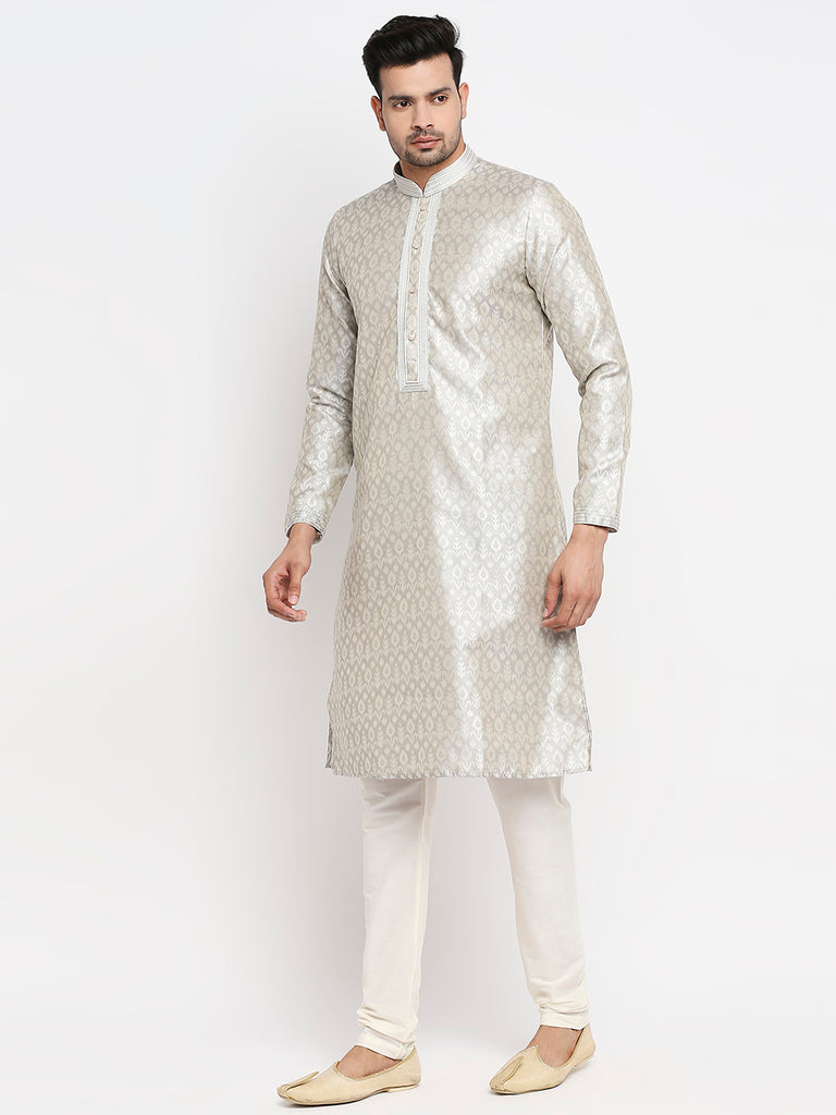 Men's Grey Polyester Embroidered Kurta