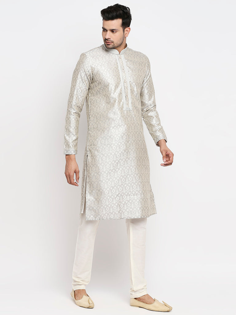Men's Grey Polyester Embroidered Kurta