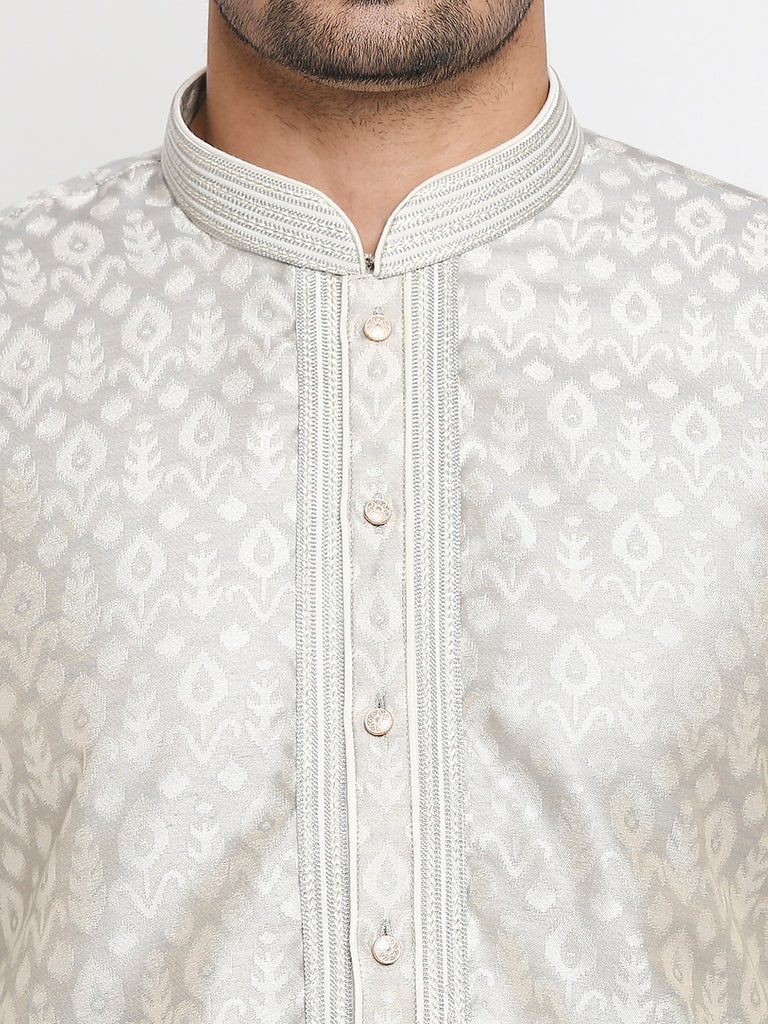 Men's Grey Polyester Embroidered Kurta