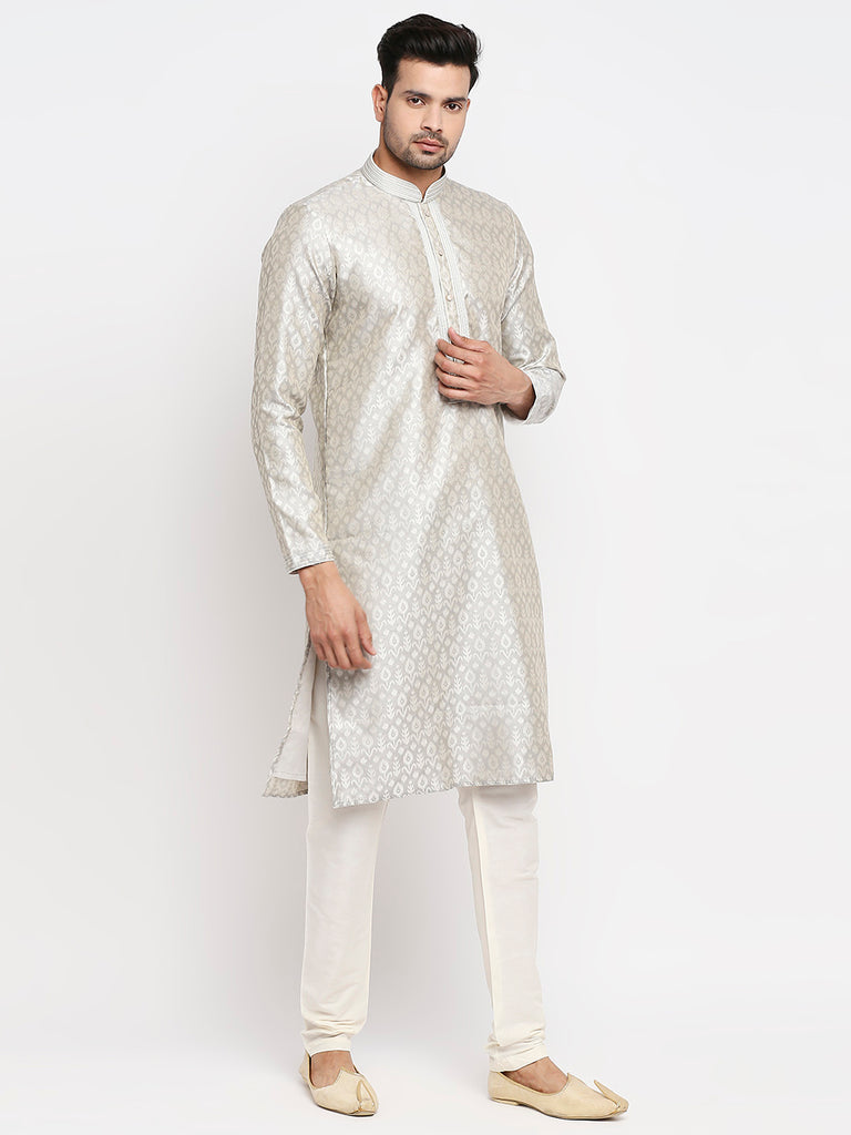 Men's Grey Polyester Embroidered Kurta