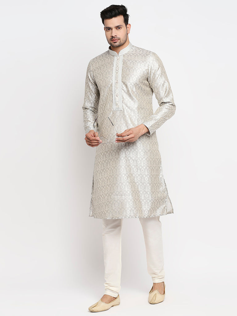 Men's Grey Polyester Embroidered Kurta