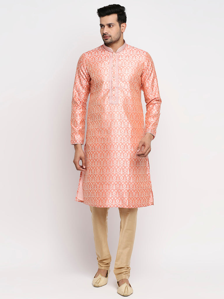 Men's Peach Polyester Embroidered Kurta